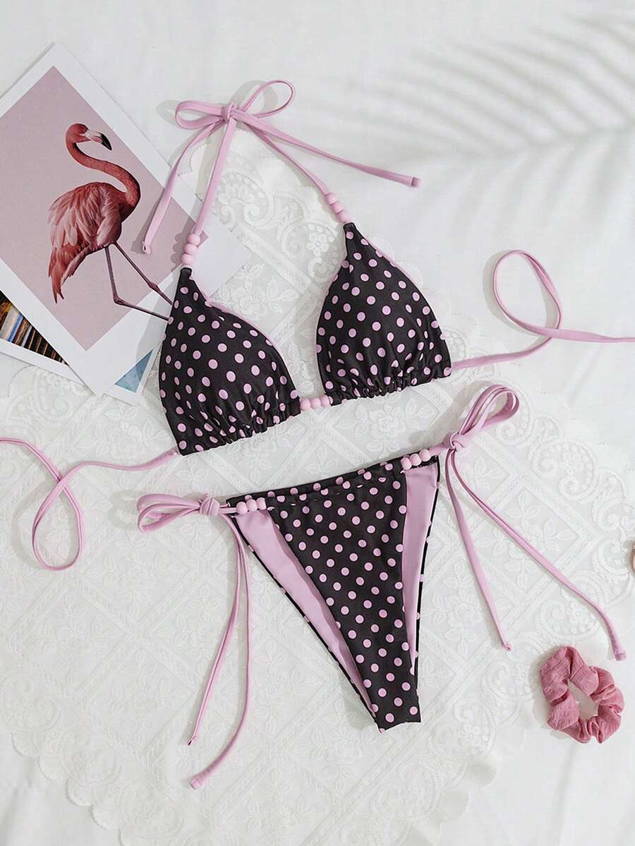 Swim Mod 女士夏季沙滩度假吊带印花文胸上衣和系带比基尼泳裤套装 - 彩色 - 查看 1