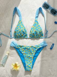 Swim Mod Bộ đồ bơi họa tiết hoa ngọt ngào dành cho nữ mùa xuân/hè, có dây đeo kẻ caro và vải hoa, đồ bơi phong cách tiệc tùng ngọt ngào INS - Nhiều màu - Xem 2