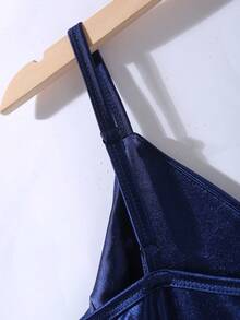 Váy cocktail vải satin bóng trơn cổ chữ V không tay ôm sát, màu xanh navy, thời trang tối giản thanh lịch, phù hợp cho bé gái tuổi teen, tiệc sinh nhật, biểu diễn, lễ cưới, tiếp khách - Màu xanh hải quân - Xem 5