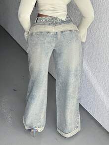 Alexandranx 女式简约前扣口袋休闲牛仔裤 - 藍色 - 查看 2