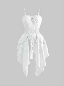 ROMWE Váy nữ cổ điển Gothic có dây thắt lưng kim loại có thể tháo rời, viền xếp lớp không đối xứng - trắng - Xem 1