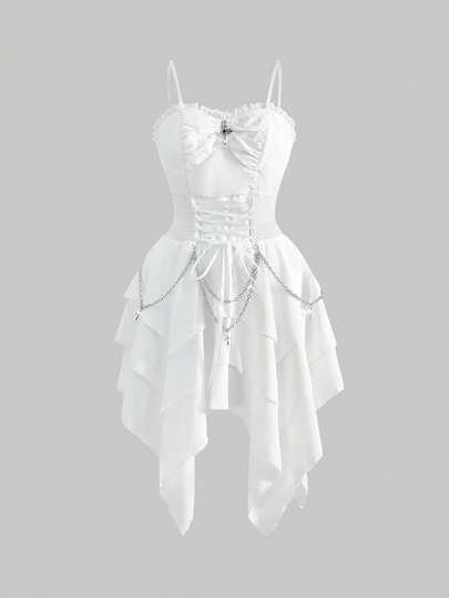 ROMWE Goth Vestido de mujer con cadena metálica vintage gótica, correa de cintura desmontable y dobladillo asimétrico con volantes