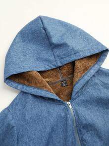 大码女式休闲拉链连帽外套，带保暖内衬，秋冬季 - 藍色 - 查看 4