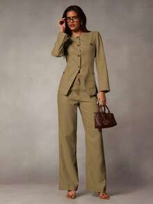 SHEIN Glamour Conjunto de dos piezas para mujer: chaqueta de cuello redondo, manga larga, de un solo botonadura y pantalones; traje casual de negocios; conjunto de dos piezas casual de negocios para mujer; traje de oficina para mujer; traje profesional para mujer - Marrón - Ver 4