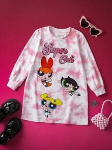 THE POWERPUFF GIRLS X SHEIN 少女甜美可爱扎染卡通图案圆领长袖针织连衣裙 - 粉色 - 查看 2
