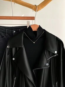 CosyJoli 大码女装秋冬春装时尚休闲宽松基础款黑色长袖PU皮夹克外套，Y2K风格，街头风，春季，女式外套，2000年代风格，迪斯科秋冬 - 黑色 - 查看 7