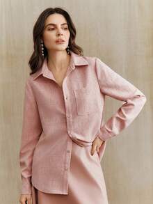 Anewsta Elegant Floral Chiffon Long Sleeve Blouse, Versatile Pink Shirt For Daily Wear - Pink - View 3