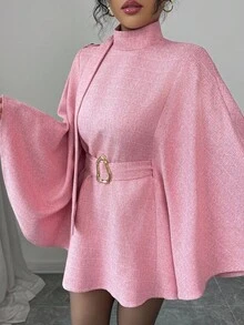 SHEIN Elenzya Abrigo capa de lana de unicolor minimalista para mujer con diseño de cuello alto, cintura ceñida y cinturón de metal, color rosa. Abrigo de mezcla de lana con cuello alto, mangas acampanadas, elegante para otoño/invierno, fiestas elegantes, Navidad, Halloween, San Valentín, Año Nuevo