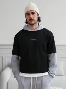 Manfinity Homme 男士撞色拼接连帽卫衣，二合一短款，适合居家或户外穿着，冬季宽松街头风，男士连帽衫，宽松街头风短款连帽衫，落肩设计，长袖上衣 - 彩色 - 查看 5