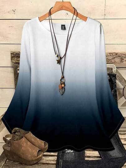 EMERY ROSE Plus Size Women Casual All-Over Print Round Neck Loose 3/4 Sleeve Shirt, Autumn/Winter