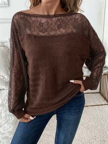 SHEIN Clasi 女士蕾丝边拼布套头衫 - 棕色 - 查看 5