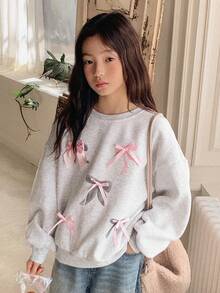 DAZY Sudadera de felpa de cuello redondo con lazo y diseño estampado para niñas preadolescentes, otoño - Gris - Ver 2