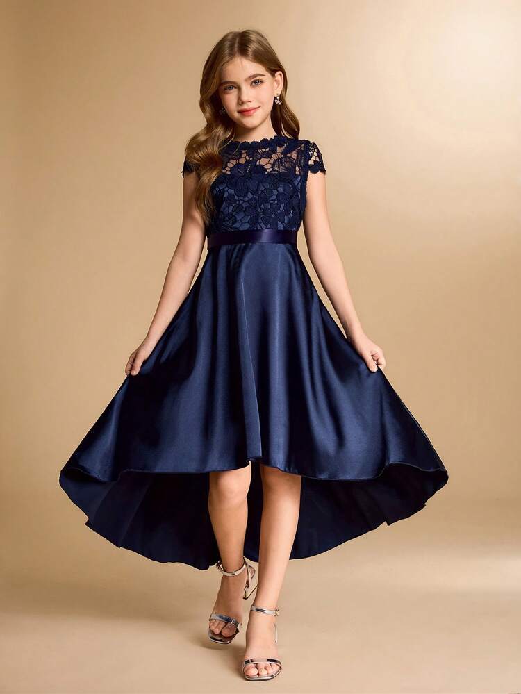 Lace & Satin Patchwork Asymmetrical Hem Midi Dress, High-End Formal Gown For Teens, Suitable For Wedding, Prom, Birthday Party, Christmas - Navy Blue - View 3