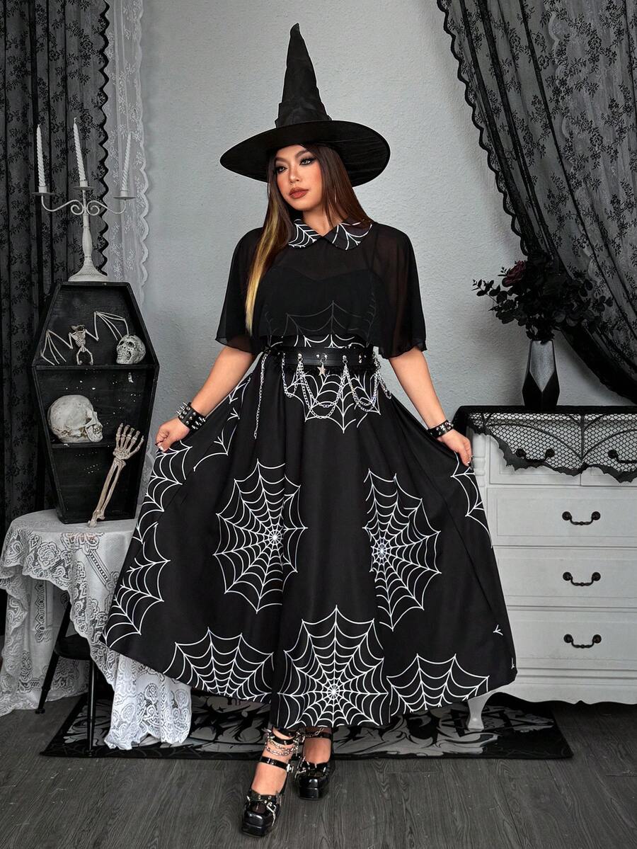 Whyspr Grunge Punk 2pcs/Set Gothic Elegant Spider Web Print Camisole Dress With Chiffon Shawl, Halloween Party Cosplay - Black and White - View 1