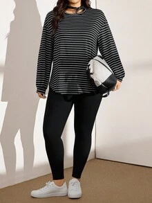 SHEIN LUNE Plus Size Fall Women Black & White Striped 2-Piece Set: Striped T-Shirt & Leggings, Casual Sports Workout Set Women Clothing Sets Airport Women Outfits Outfit Sets Two Pieces Piece Set Travel Outfit Airport