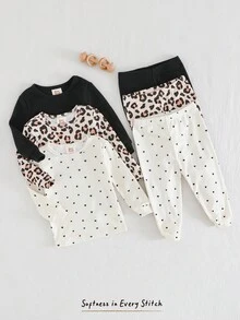 Cozy Pixies 6 Stück Baby Mädchen Leoparden Muster Strick Weicher Rundhals Langarm Top und Elastischer Taille Lang Hose Eng Anliegender Pyjama Set