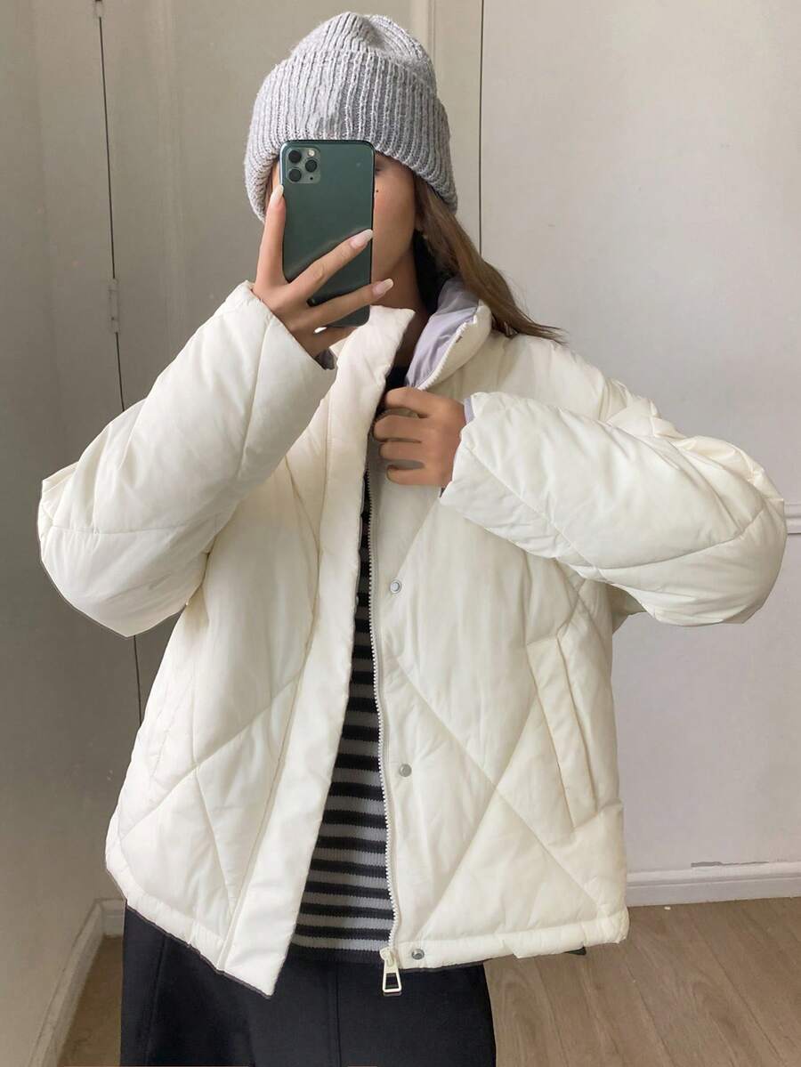 DAZY 女士菱形图案宽松立领抽绳休闲宽松温柔优雅棉服外套，冬季 - 白色 - 查看 1