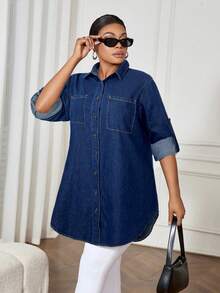 SHEIN ICON Đầm denim tay dài dáng rộng màu xanh dương cỡ lớn, thoải mái và dễ chịu - Rửa tối - Xem 6