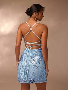 Glamine 蓝色亮片刺绣迷你连衣裙，露背系带紧身派对连衣裙，蓝色短款度假连衣裙 - 淺藍色 - 查看 2