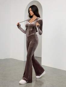 SHEIN Tall Set de 2 buc. pentru femei, top cu glugă și fermoar și pantaloni skinny de culoare solidă - Maro - Vizualizare 8