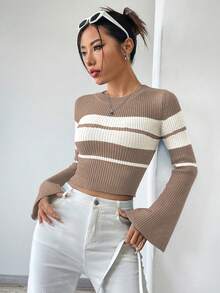 Flirla 女士撞色圆领长袖针织毛衣 - 駝色 - 查看 5