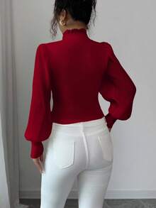 Elenzga Suéter de cuello alto con botones de perla beige, estilo vintage de palacio, elegante, de manga farol, de gasa crema con parches, para otoño/invierno - Rojo - Ver 2