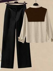 Écloséra 2pcs/Set Women's Striped Shawl Collar Shirt And High Waist Wide Leg Pants, Spring/Autumn