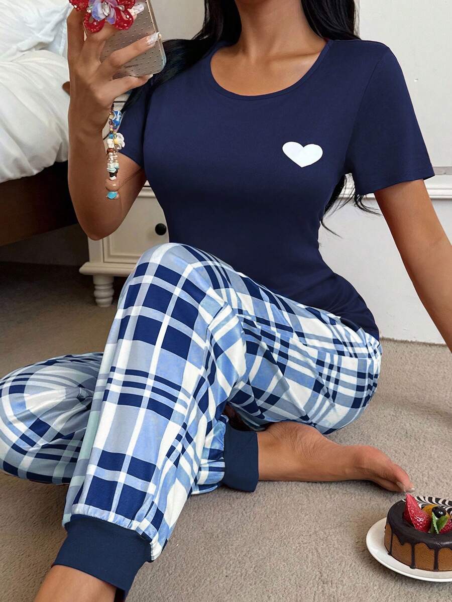 SHEIN 爱心印花短袖上衣和格子印花长裤女士睡衣套装，休闲蓝色睡衣套装，女士短袖圆领睡衣套装，秋冬服装 - 藍色 - 查看 1
