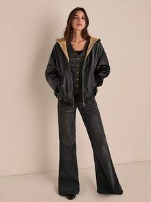 Easelle 女式秋冬黑色连帽皮夹克，天鹅绒衬里，保暖