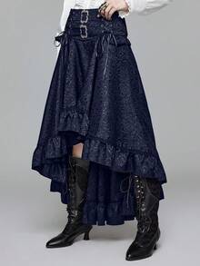 ROMWE Goth Women's Vintage Palace Dark High Waist A-Line Jacquard Patterned Front Short Back Long Skirt - Navy Blue - View 4