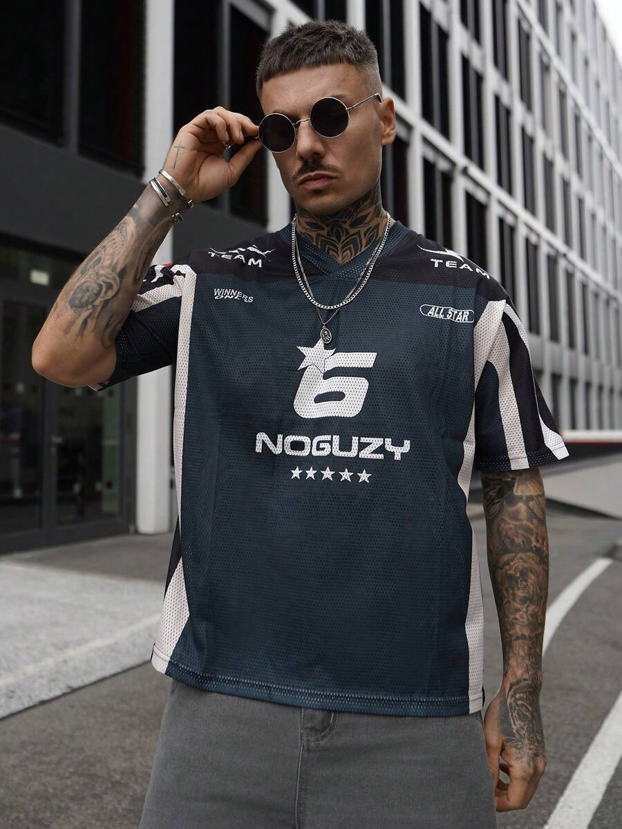 Artur Kramer 2025 Men's Fashion Letter And Racing Car Element V-Neck Short Sleeve T-Shirt, Versatile For Spring/Summer - Multicolor - View 1