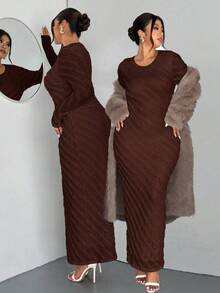 Firerie 大码女式白色浪漫优雅蕾丝提花长袖收腰鱼尾下摆长裙，优雅/工作/度假/派对/约会/情人节/音乐会/表演/约会/正式晚会/舞会/婚礼季/性感/优雅/通勤/返校/度假/海滩/优雅浪漫/办公室女性/美人鱼风格/生日派对装 - 咖啡棕 - 查看 4