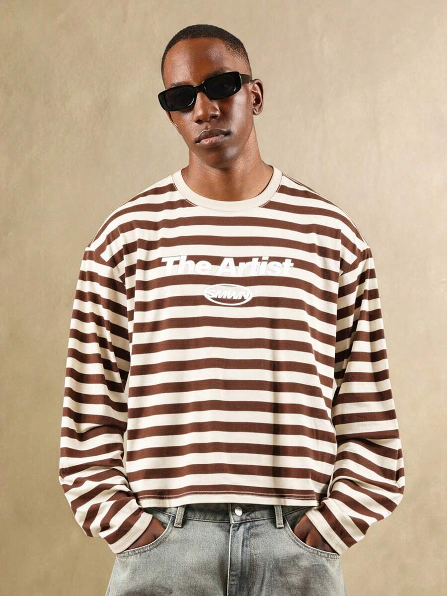 SUMWON 短款修身长袖落肩条纹T恤，饰有文字Logo，休闲街头风 - 彩色 - 查看 1