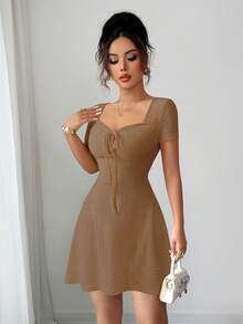 Elenzga 新款夏季奶油色针织提花性感修身系带迷你连衣裙（女款）