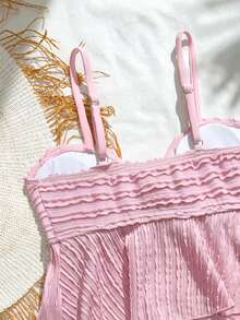 少女夏季沙滩金属海星装饰开衩吊带泳衣套装 - 粉色 - 查看 8