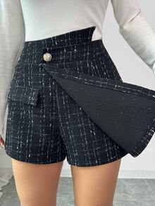 SHEIN Elenzya Elegant Tweed Asymmetrical Button Decor Women Shorts - Black - View 4