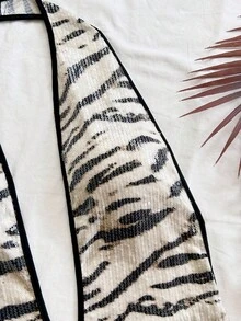 Soleia Women's Vacation Zebra Print Sequin Fabric Deep V Neck Backless Sexy Fitted Romper, Party Jumpsuit, Suitable For Cruise, Holiday, Date, Afternoon Tea, Nightclub, Beach, Island Vacation, Road Trip, Music Festival, Boho Vacation, Can Be Worn Inside Or Outside, All Season Beach Clothes Zebra Print Clothes Summer Swimsuit Swimsuits Casual Zebra Print Bathing Suit - Black and White - View 3