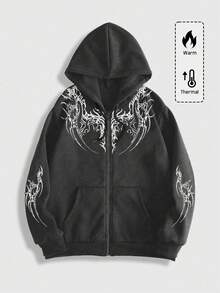 ROMWE MEN Goth 男士休闲时尚街头图案印花拉链抽绳连帽羊毛运动衫，秋冬 - 灰色 - 查看 1