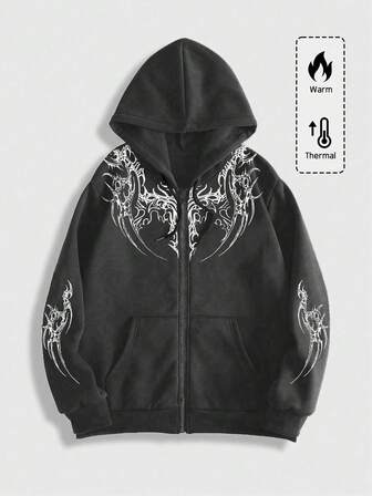 Goth Sudadera con capucha de felpa con estampado gráfico, cierre de cremallera y cordón, casual y de moda para hombre, otoño/invierno