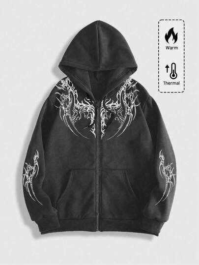 Goth Men's Casual Fashionable Gothic Graphic Print Zip-Up Drawstring Hooded Fleece Sweatshirt, Autumn/Winter