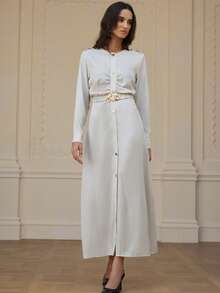 Chiquease Elegante vestido midi con volantes que ciñe la cintura y mangas largas, estilo de viaje, estética europea y estadounidense Ins - Beis - Ver 4