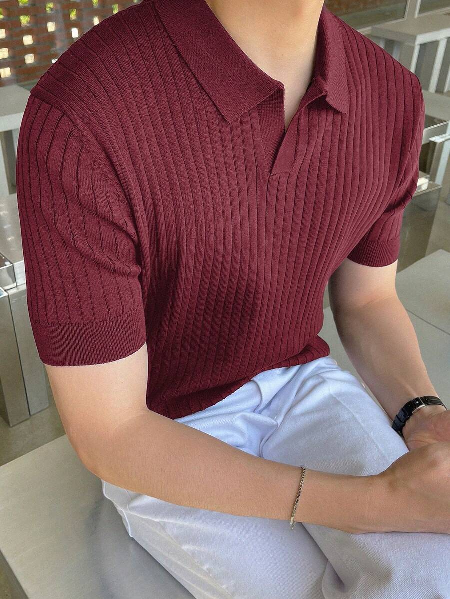 DAZY 男士纯色短袖 Polo 领休闲针织上衣 - 酒紅色 - 查看 1
