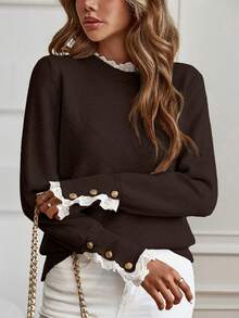 SHEIN Tall Elegante suéter de manga larga con ribete de encaje color albaricoque para mujer alta, adecuado para otoño/invierno - Marrón - Ver 6