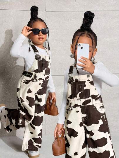 SHEIN Young Girl Casual Fashion Street Cow Print Denim Bib Pants