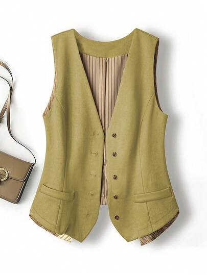 Franclia Áo khoác cổ chữ V không tay phong cách Pháp cỡ lớn dành cho nữ, mùa hè