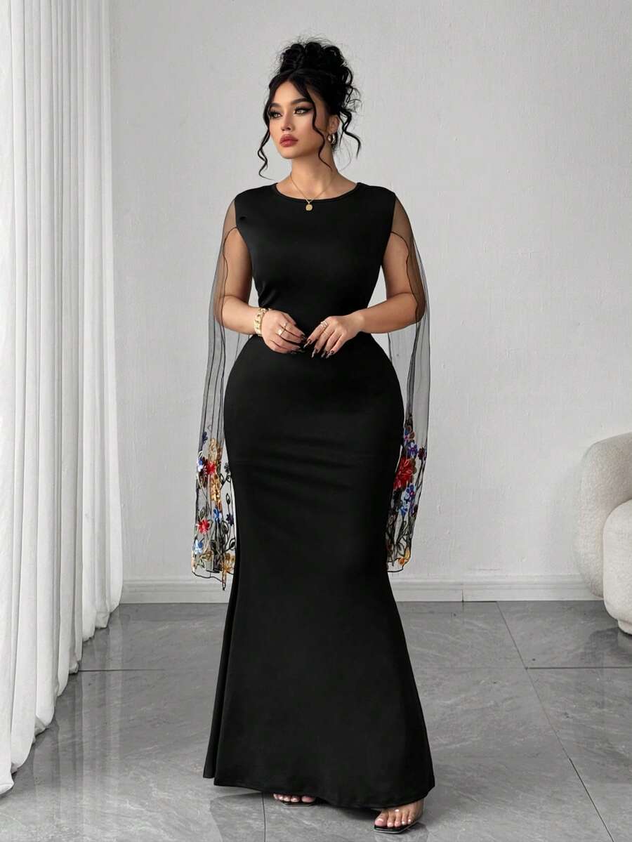 Cravure Embroidered Lace Mesh Long Sleeve Shawl Collar Mermaid Dress - Black - View 1