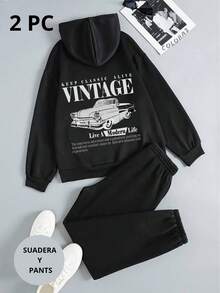 Mujer conjunto casual estilo vintage auto estampado diseño moderno tejido suave fit holgado capucha manga larga otoño invierno uso diario sudadera y pants - Negro - Ver 1