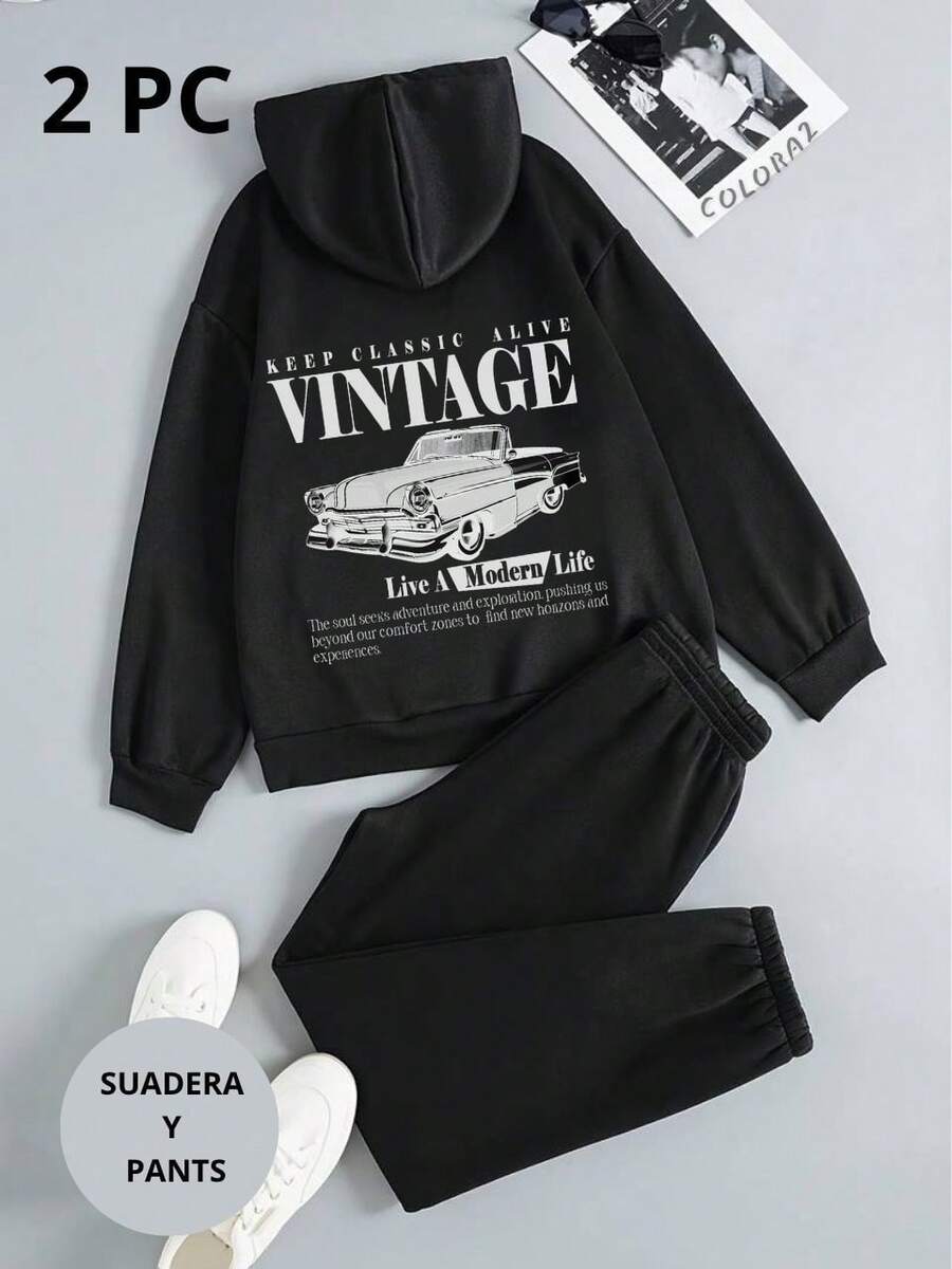 Mujer conjunto casual estilo vintage auto estampado diseño moderno tejido suave fit holgado capucha manga larga otoño invierno uso diario sudadera y pants - Negro - Ver 1
