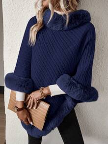 EMERY ROSE Women's Loose Solid Color Poncho Faux Fur Fashion Sweater, Autumn/Winter - Blue - View 7