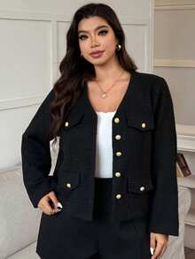 Dazy Plus Áo khoác nữ dáng rộng cổ chữ V, túi giả cỡ lớn, thời trang thu đông - màu đen - Xem 3